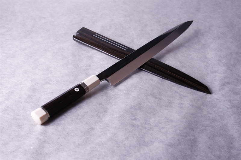 Water-Honyaki, White Paper 1, Shirogami1, Yanagiba, Ebony handle with ivory collar rings, Ebony sheath