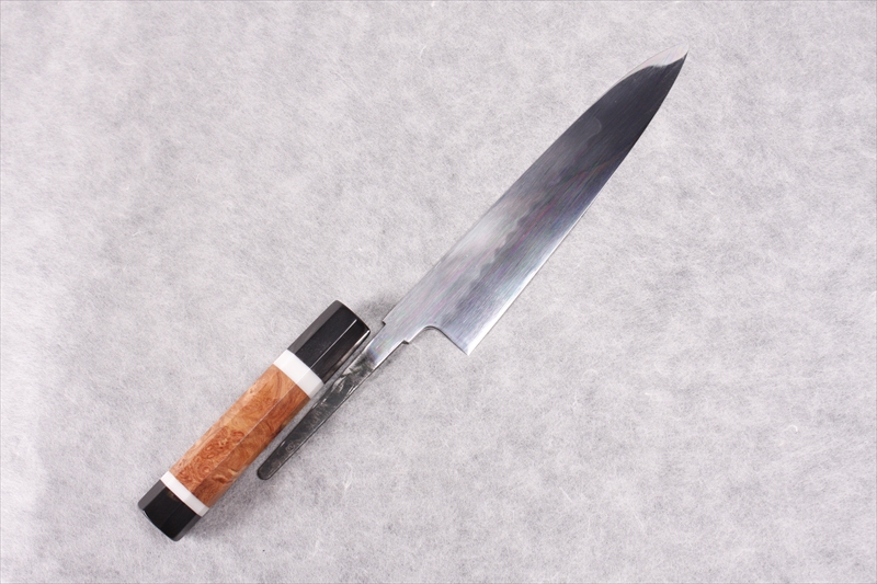 Honyaki, Gyuto, Mirror finish, Chinese quince burls figure handle with artificial marble lines